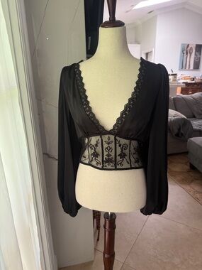 Zara Black Lace-Trim Sheer Panel Blouse